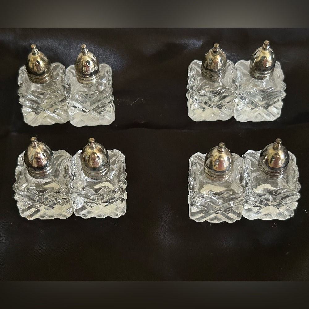 Vintage FB. Roger’s Silver Co. Set of 8 Crystal Shakers with Silver Plate tops